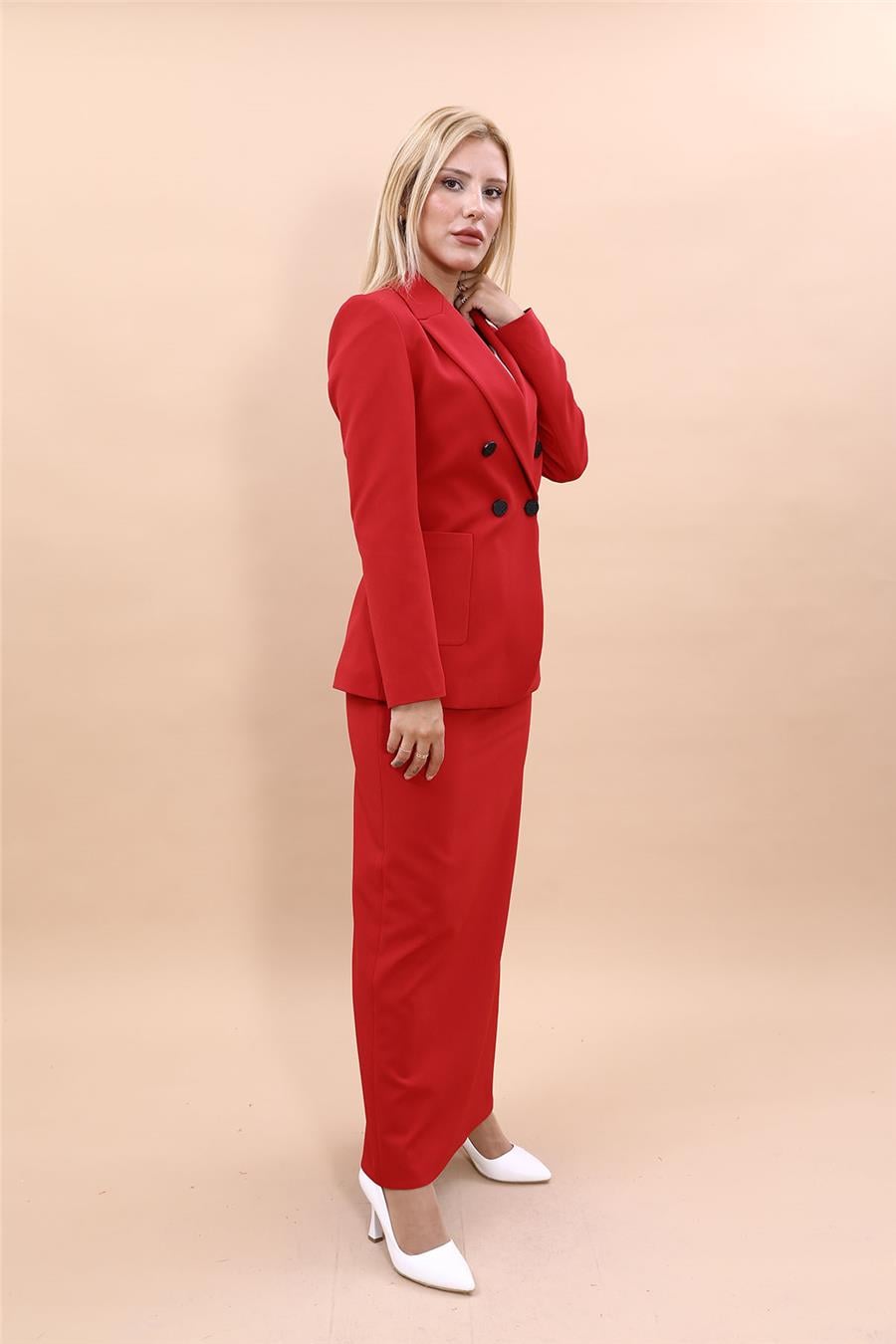 Cepli Şık Blazer Ceket & Uzun Kalem Etek Kadın Takım Elbise-Kırmızı