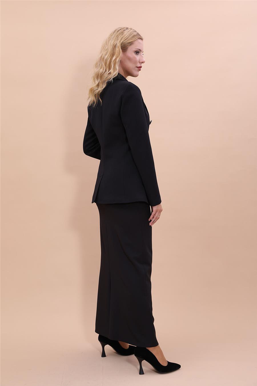 Cepli Şık Blazer Ceket & Uzun Kalem Etek Kadın Takım Elbise-Siyah