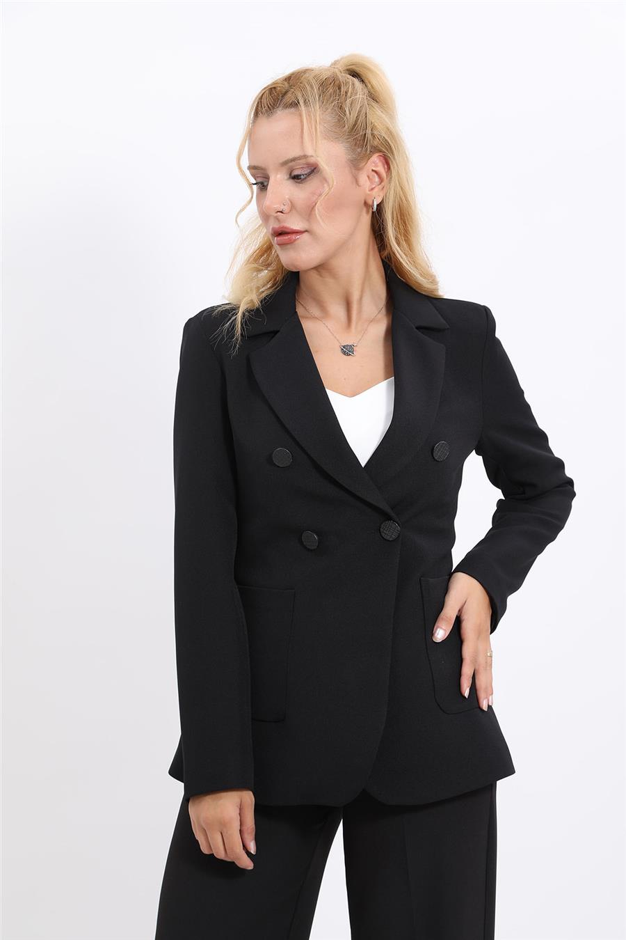 Cepli Şık Blazer Kadın Ceket-Siyah