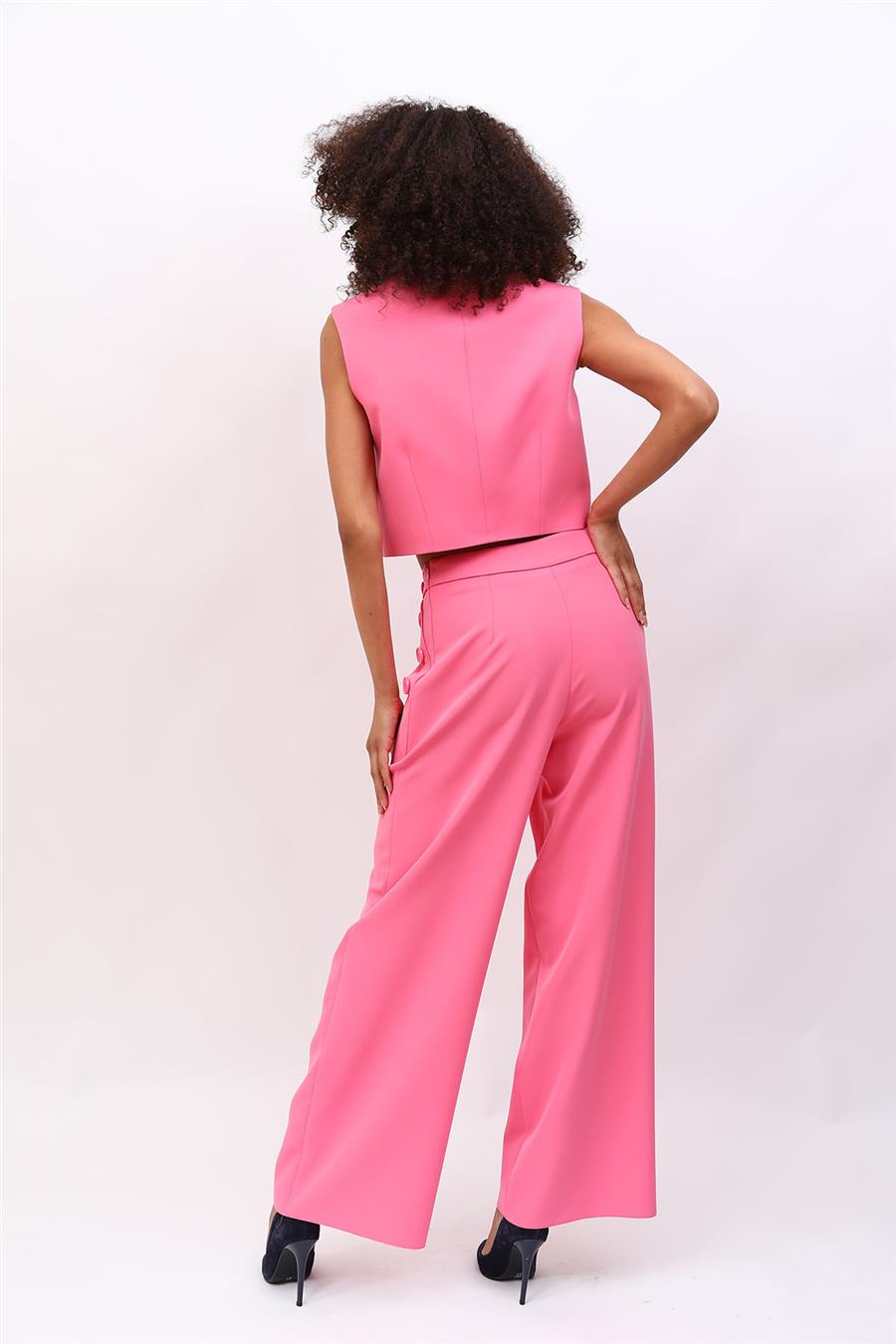 Crop Yelek & Düğmeli Bol Paça Pantolon Takım-Pembe