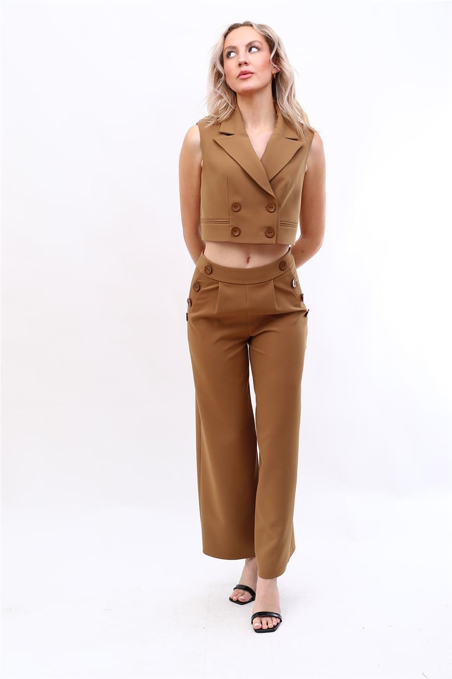 Crop Yelek & Düğmeli Bol Paça Pantolon Takım-Camel - 1524531