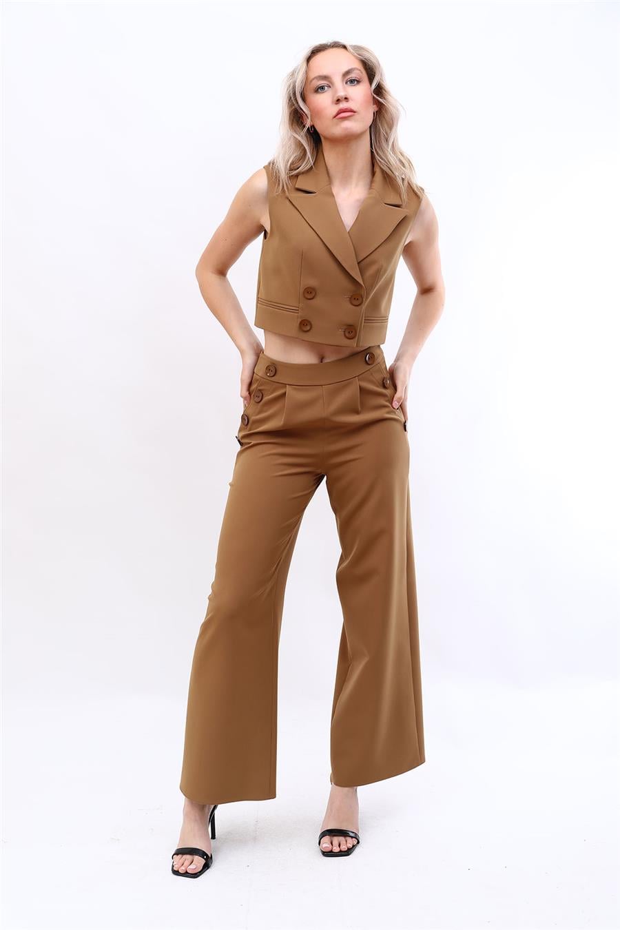 Crop Yelek & Düğmeli Bol Paça Pantolon Takım-Camel - 1524531