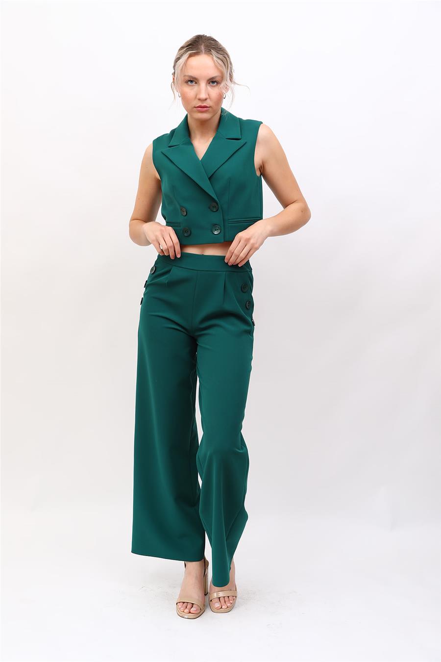 Crop Yelek & Düğmeli Bol Paça Pantolon Takım-Zümrüt