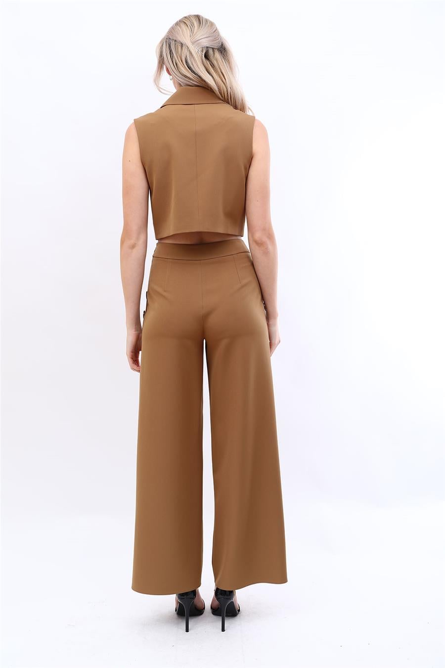 Crop Yelek & Düğmeli Bol Paça Pantolon Takım-Camel - 1524531