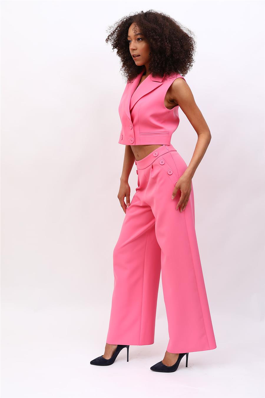 Crop Yelek & Düğmeli Bol Paça Pantolon Takım-Pembe