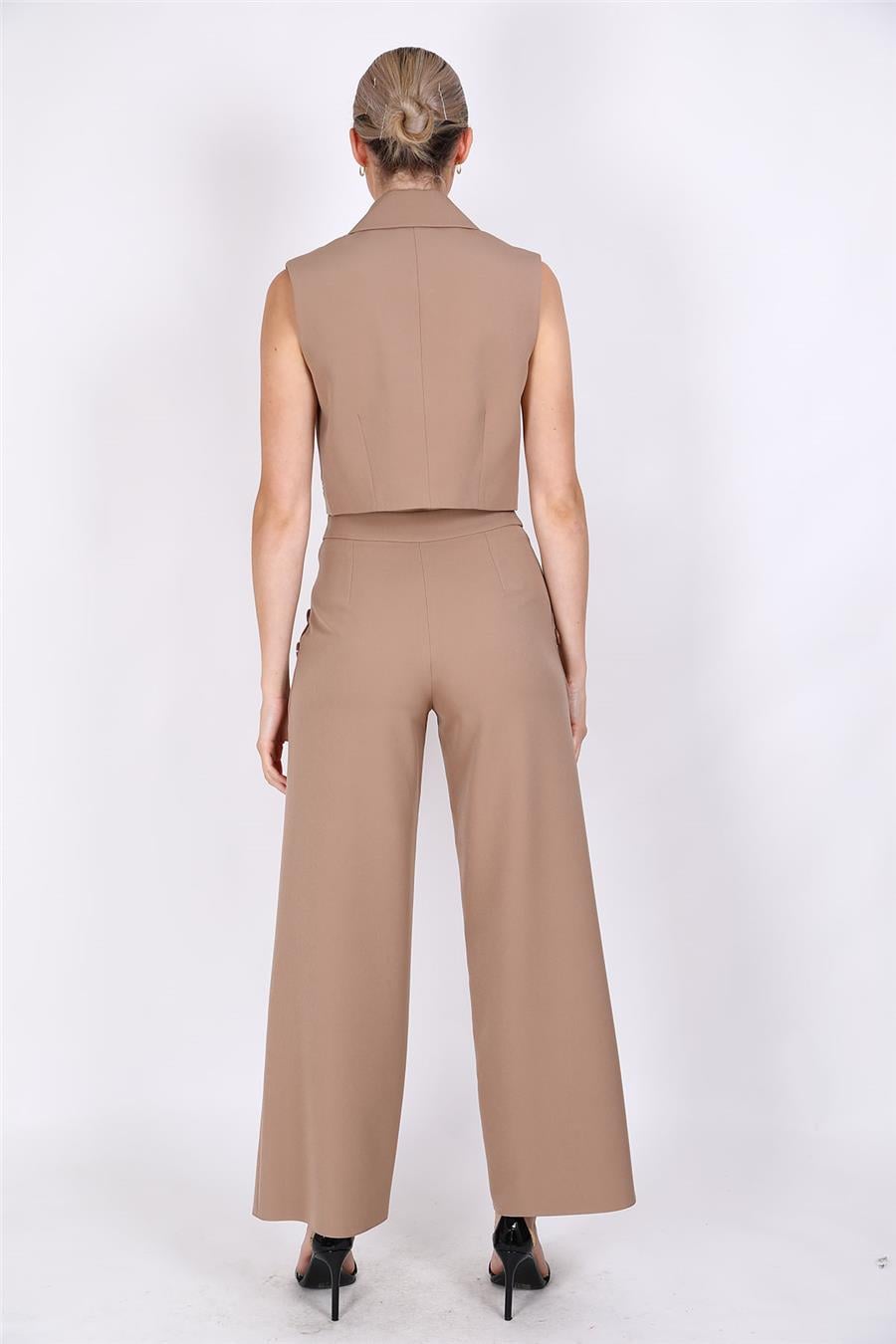 Crop Yelek & Düğmeli Bol Paça Pantolon Takım-Taş