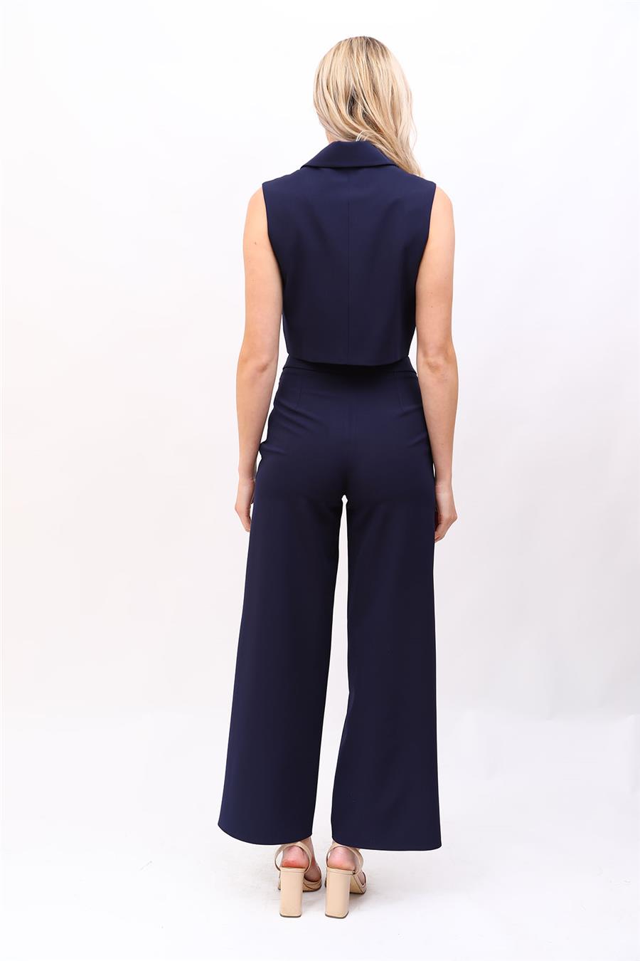 Crop Yelek & Düğmeli Bol Paça Pantolon Takım-Lacivert