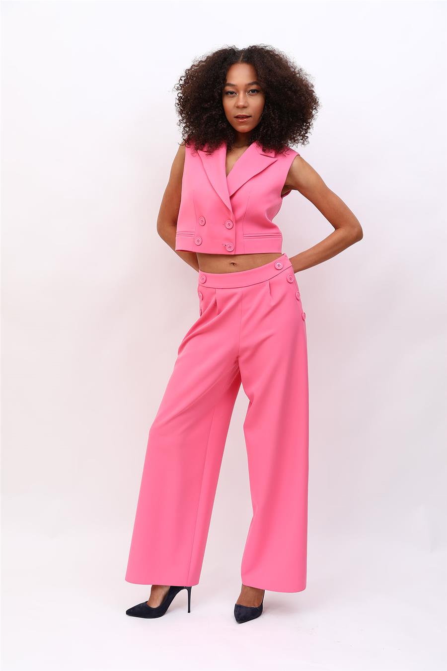 Crop Yelek & Düğmeli Bol Paça Pantolon Takım-Pembe
