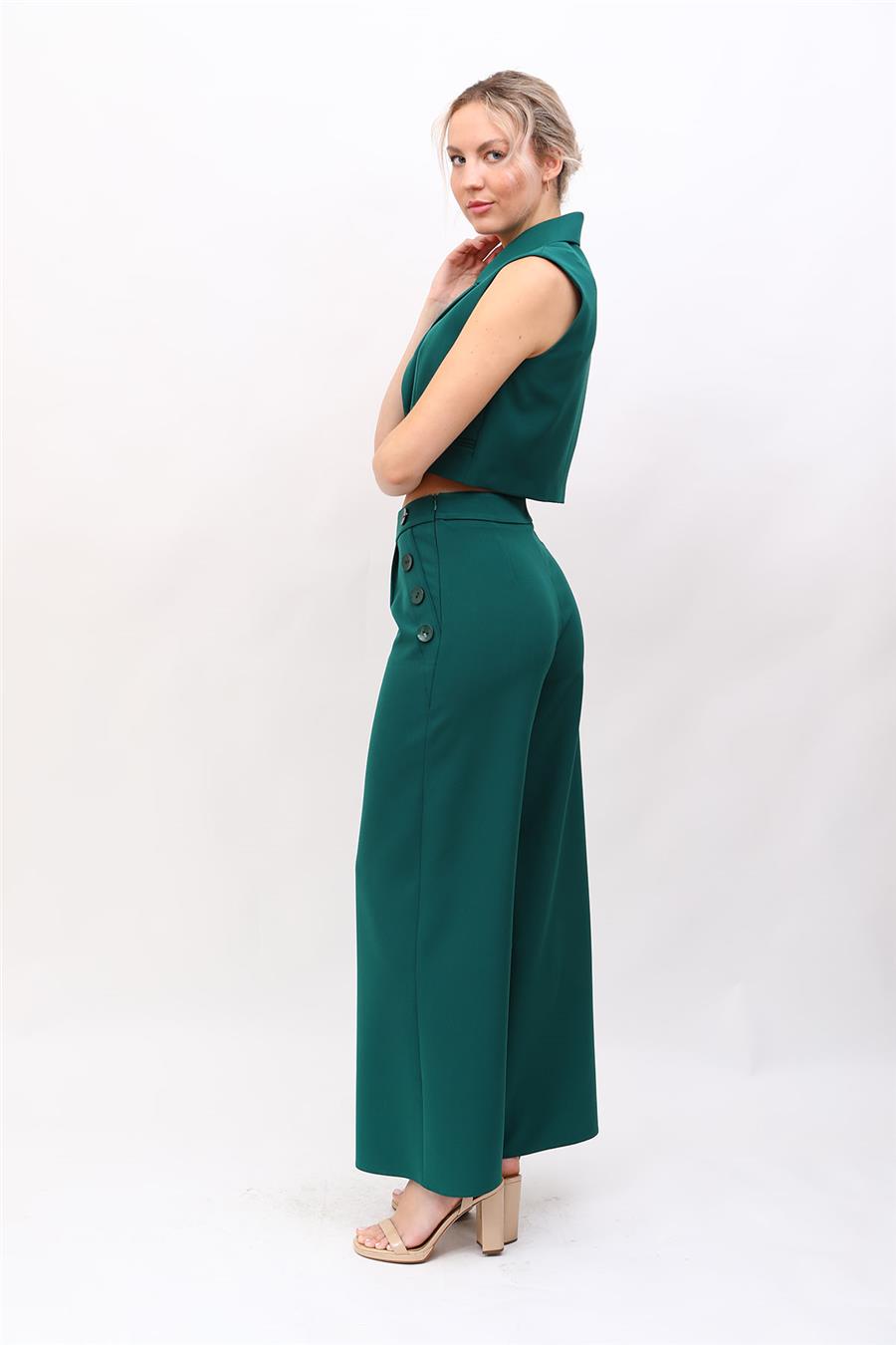 Crop Yelek & Düğmeli Bol Paça Pantolon Takım-Zümrüt
