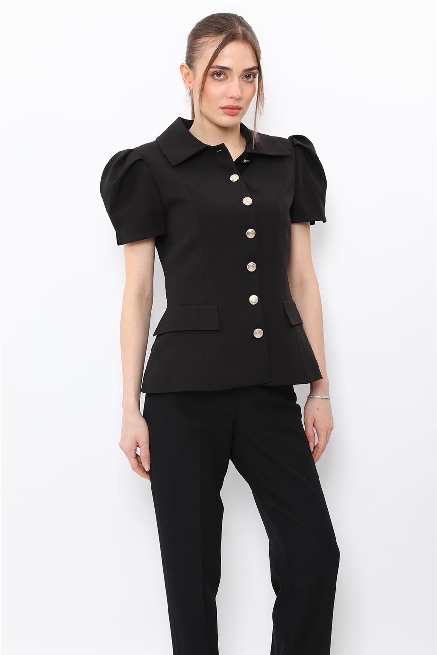 Dik Yaka Kısa Kollu Ceket-Siyah