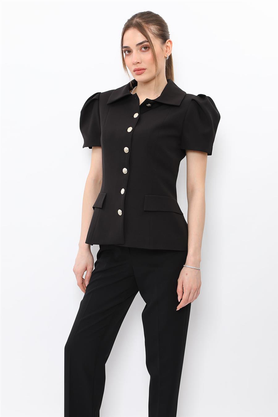 Dik Yaka Kısa Kollu Ceket-Siyah