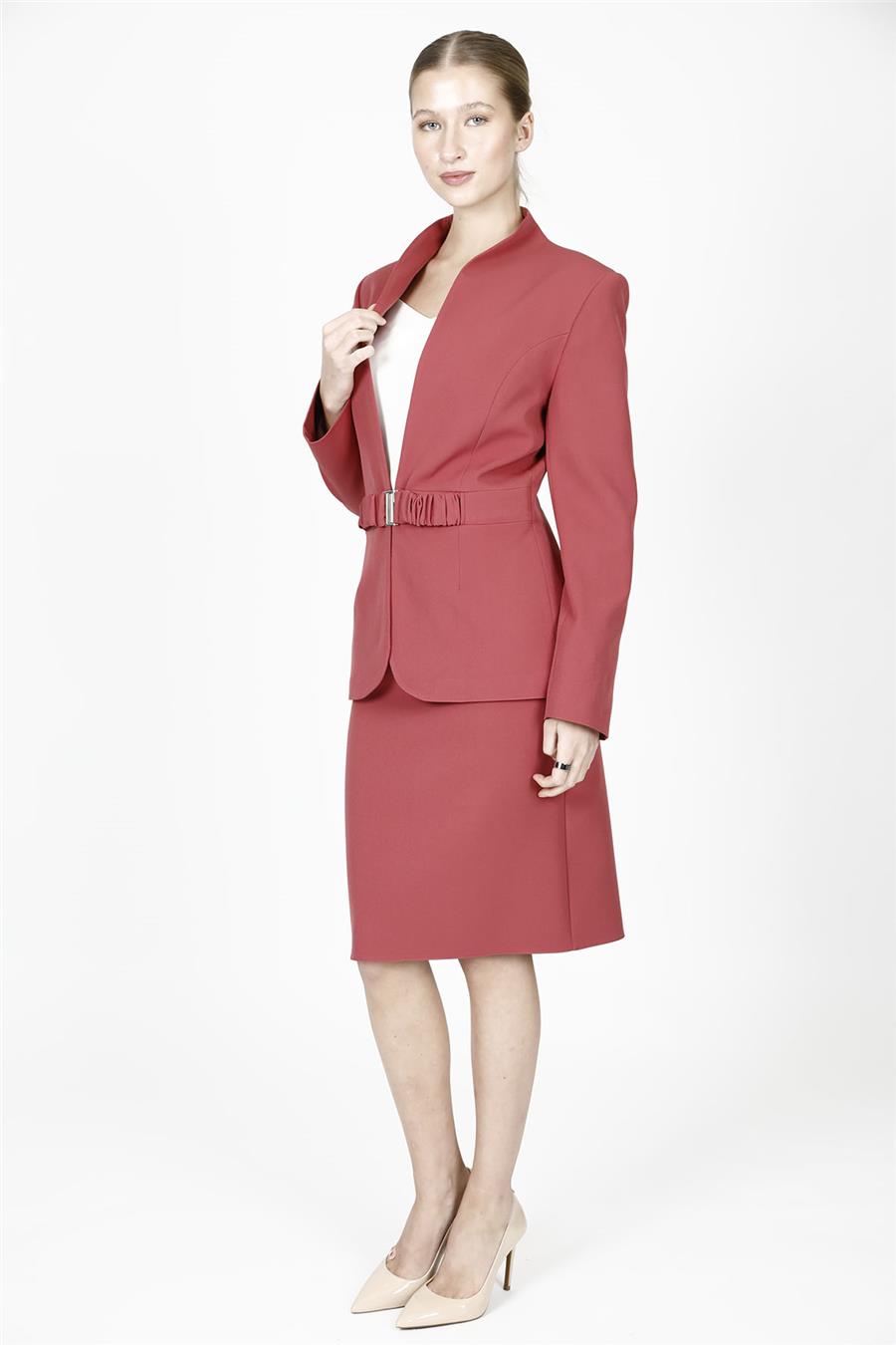 Dik Yaka Modelli Klasik Ceket & Kısa Kalem Etek Kadın Takım Elbise-Kiremit - 1188540