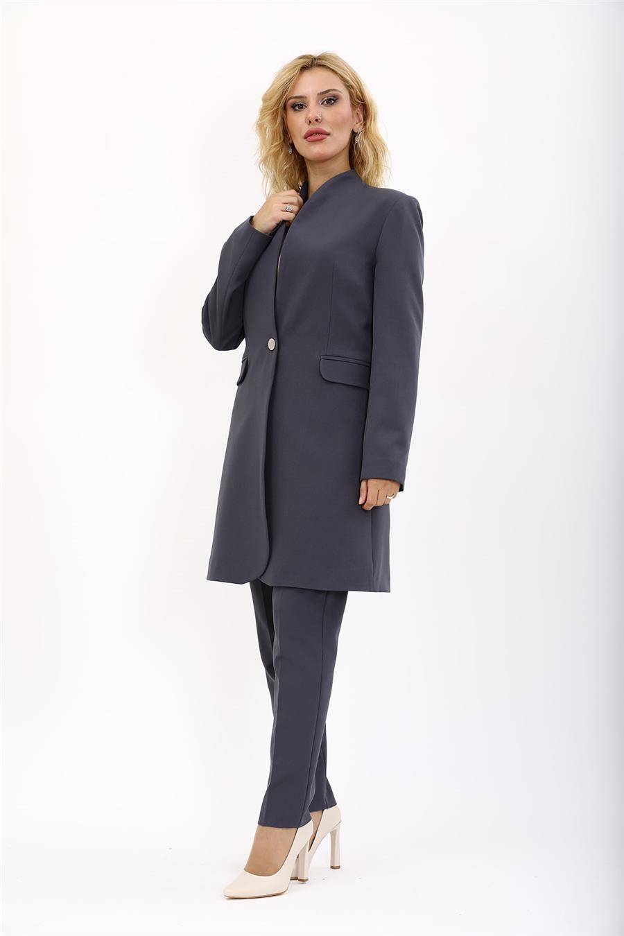 Dik Yaka Uzun Tesettür Ceket & Dar Paça Pantolon Kadın Takım Elbise-Füme