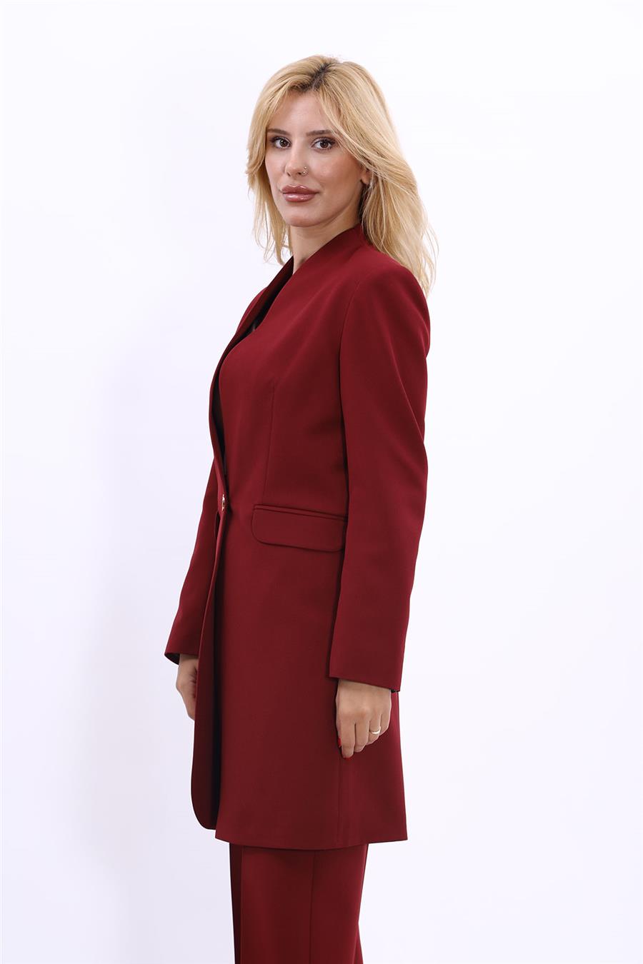 Dik Yaka Uzun Tesettür Kadın Ceket-Bordo