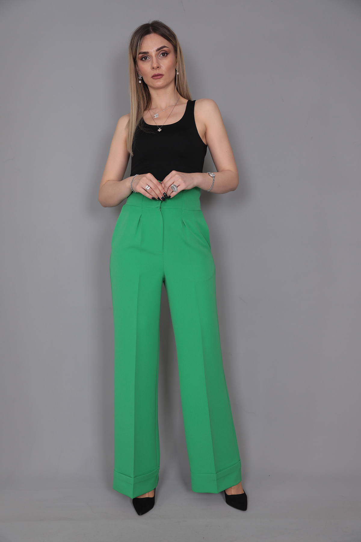 Duble Paça Yüksek Bel Pantolon-Yeşil - 5029100