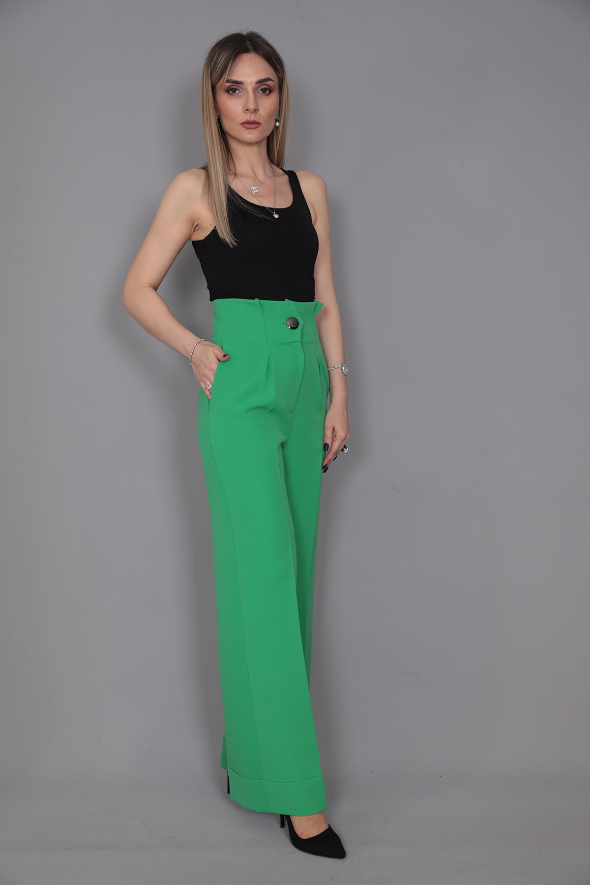 Duble Paça Yüksek Bel Pantolon-Yeşil - 5029100