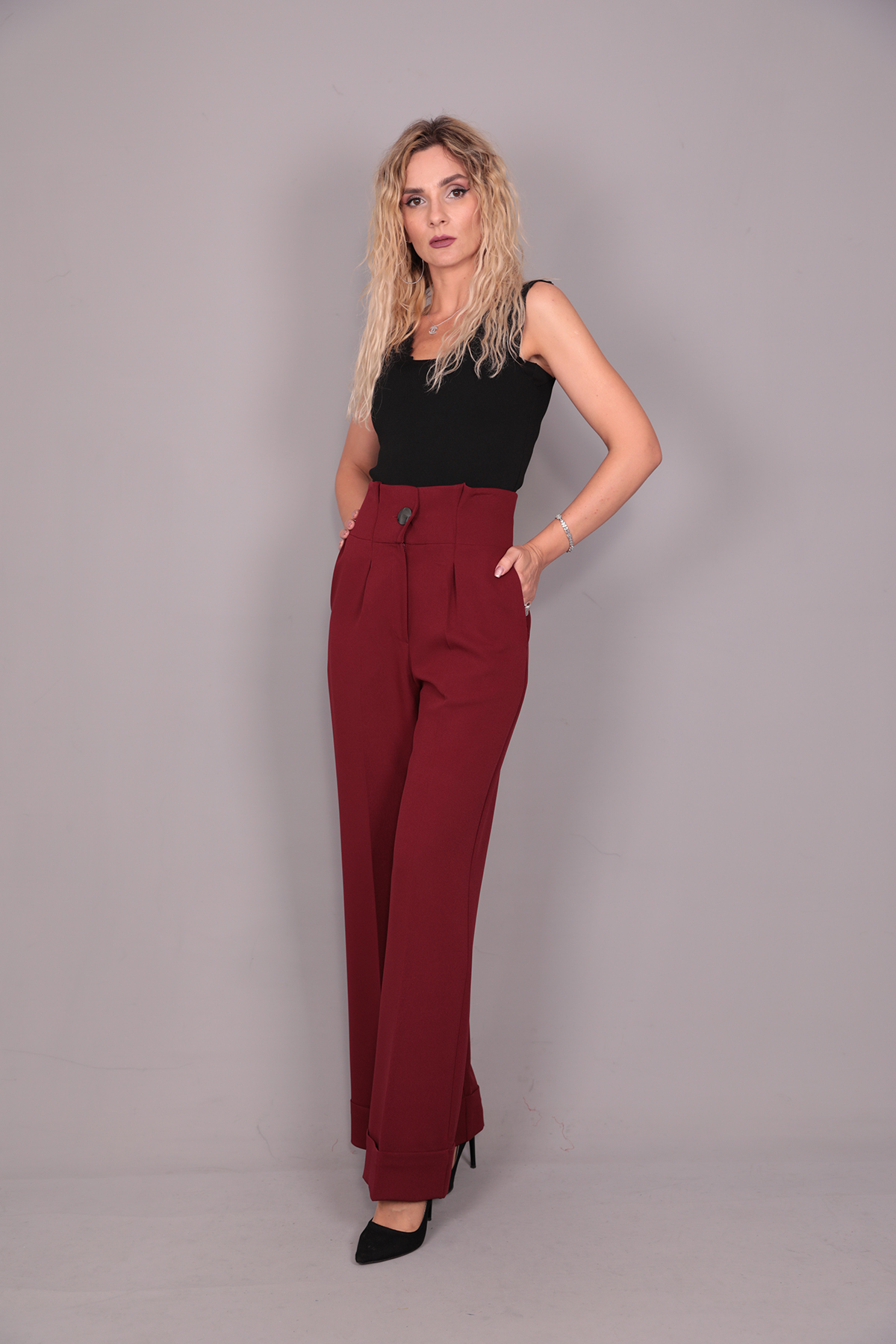 Duble Paça Yüksek Bel Pantolon-Bordo - 5029100