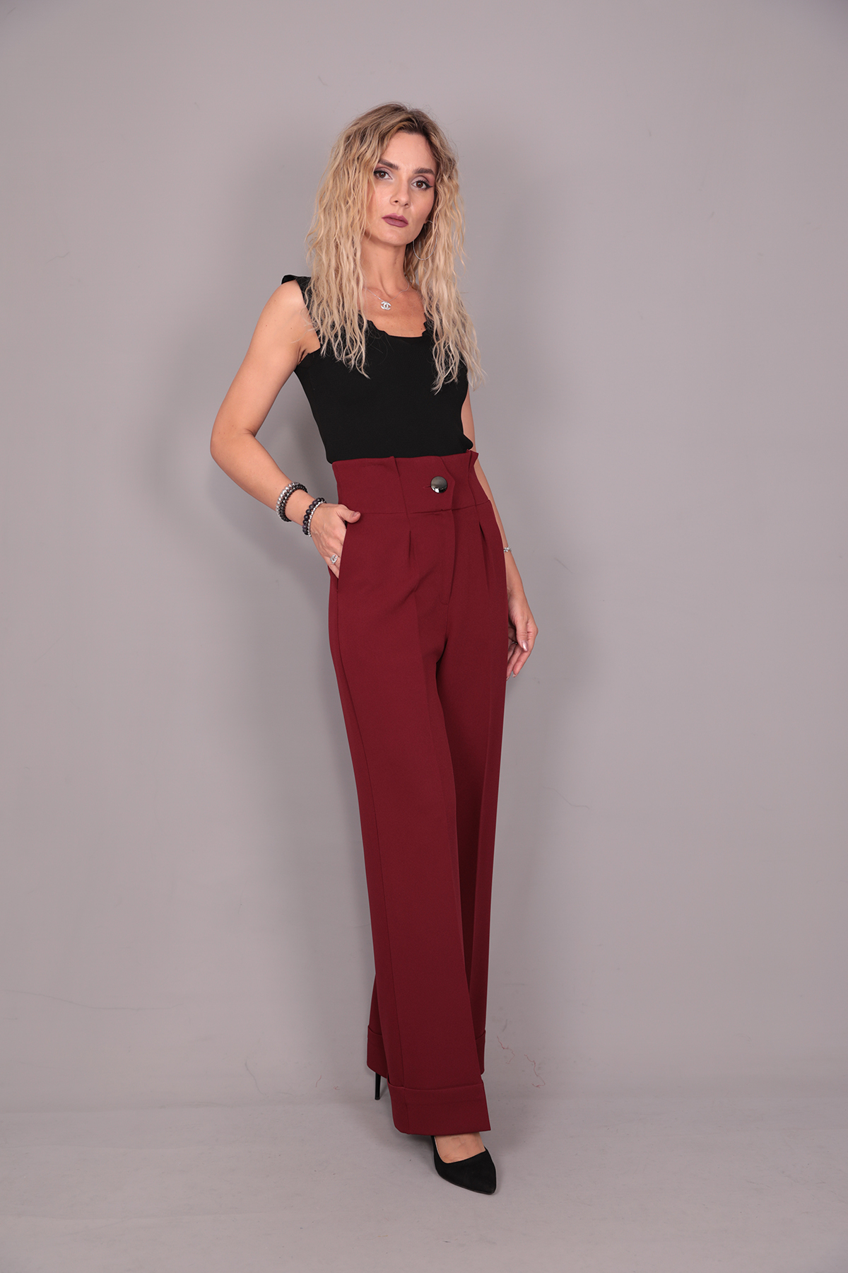Duble Paça Yüksek Bel Pantolon-Bordo - 5029100