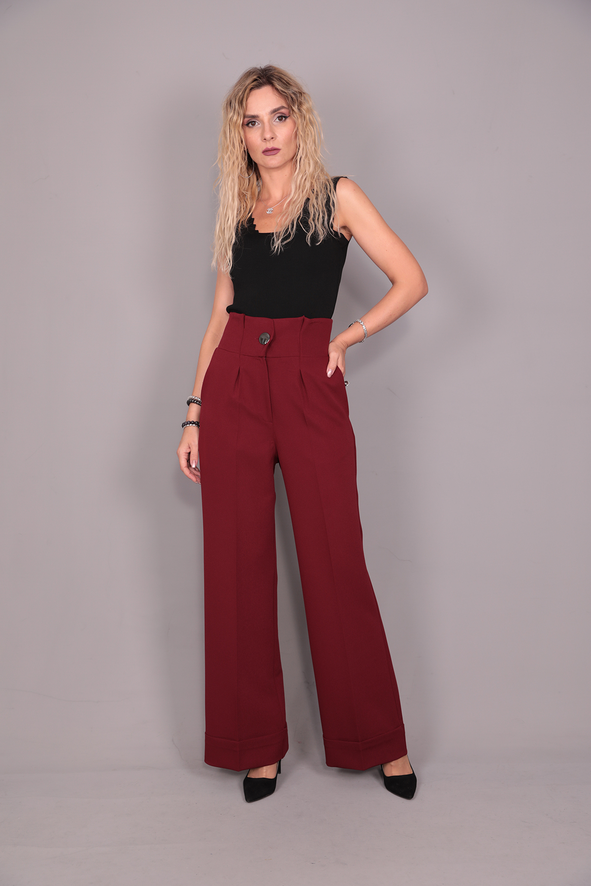 Duble Paça Yüksek Bel Pantolon-Bordo - 5029100