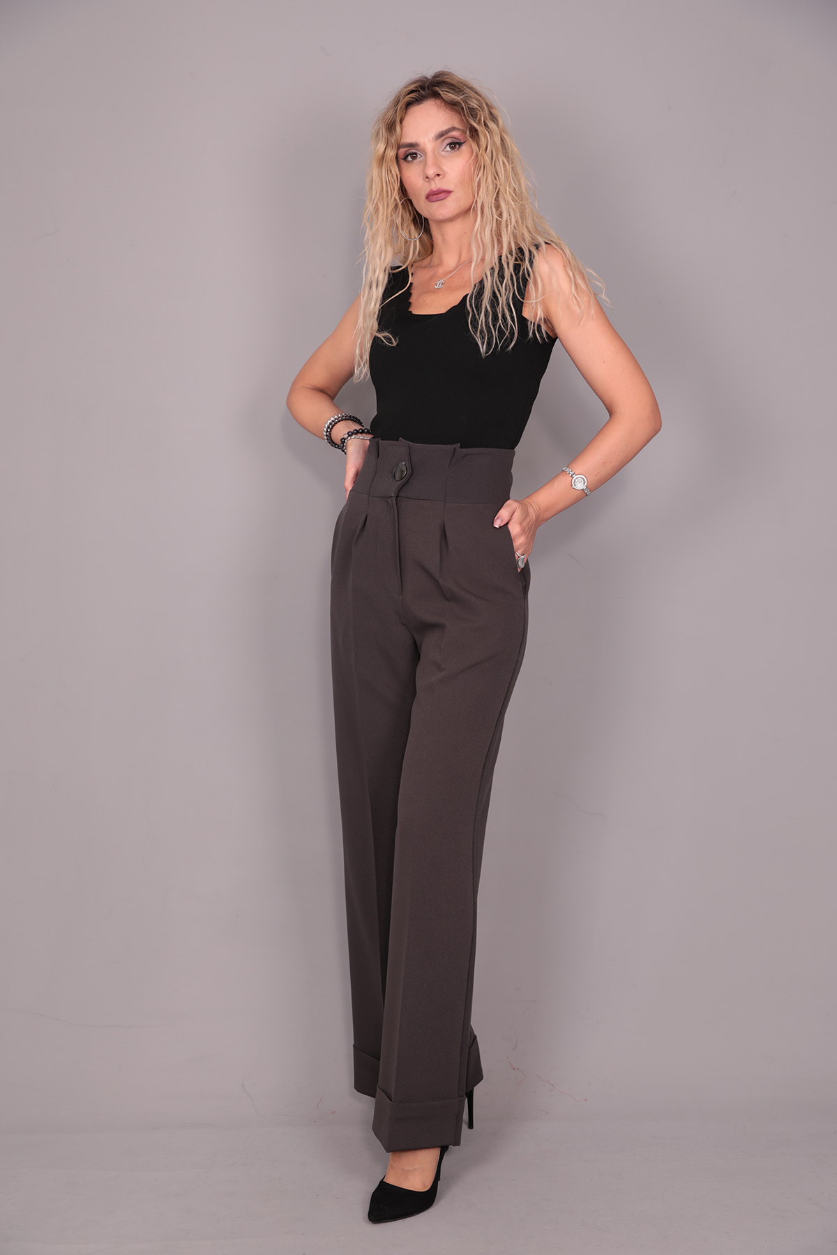 Duble Paça Yüksek Bel Pantolon-Füme - 5029100