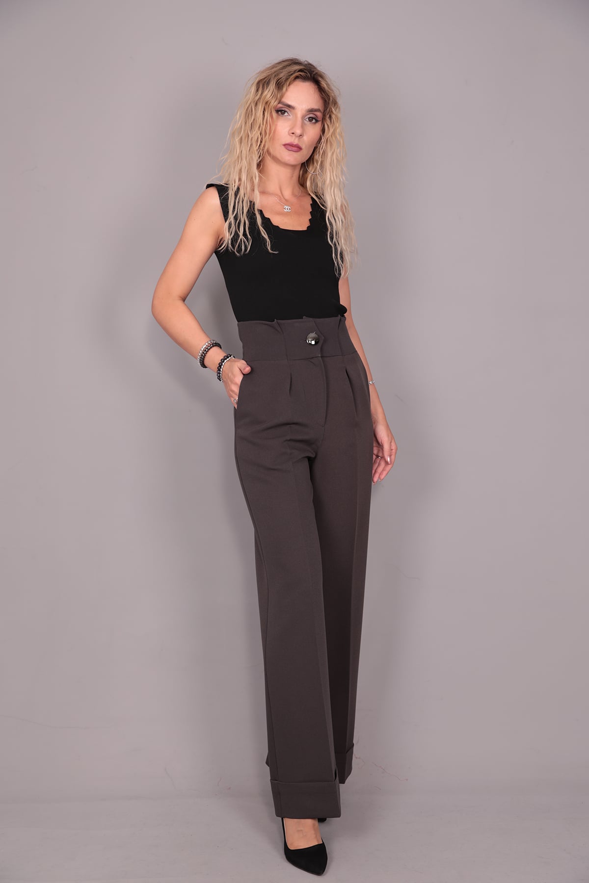 Duble Paça Yüksek Bel Pantolon-Füme - 5029100