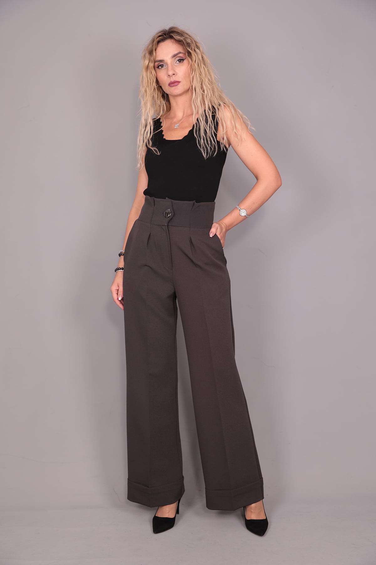 Duble Paça Yüksek Bel Pantolon-Füme - 5029100