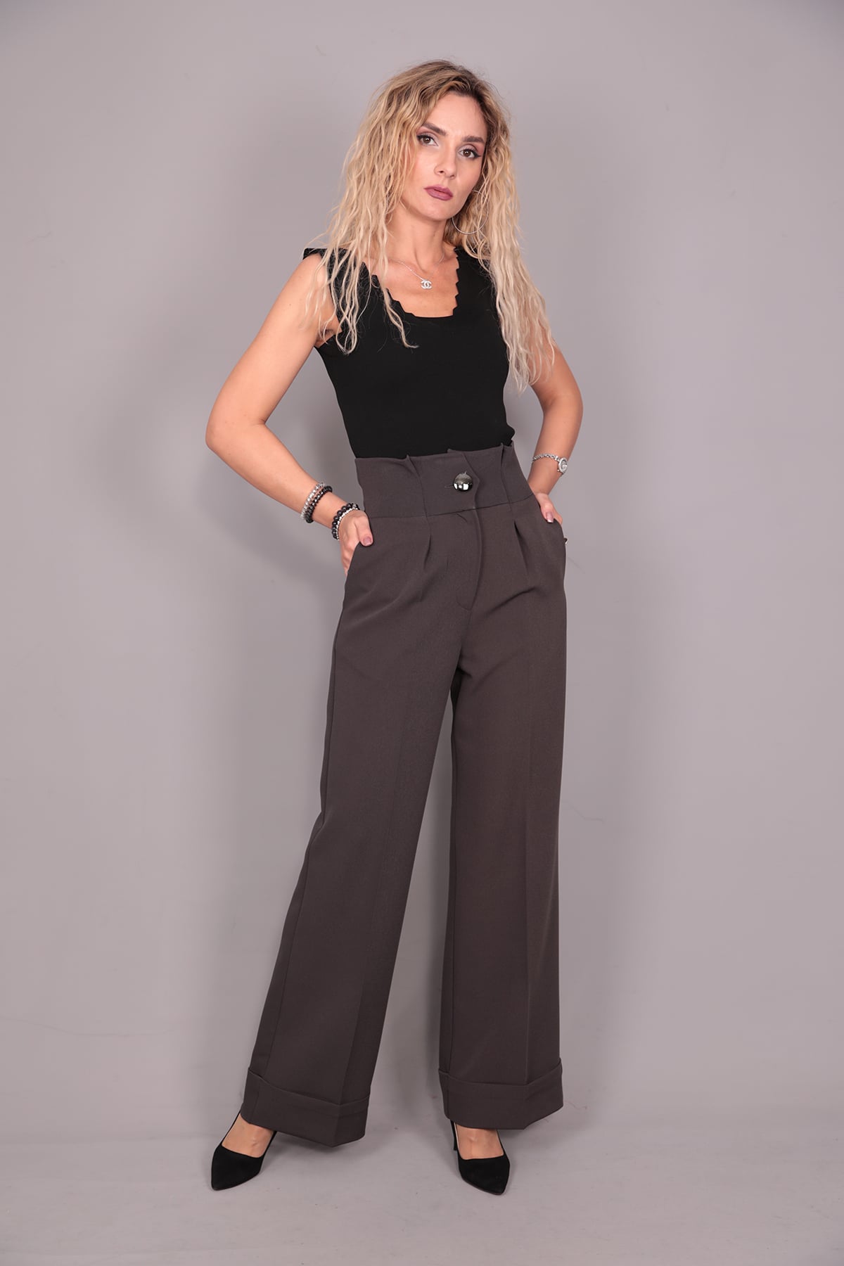 Duble Paça Yüksek Bel Pantolon-Füme - 5029100