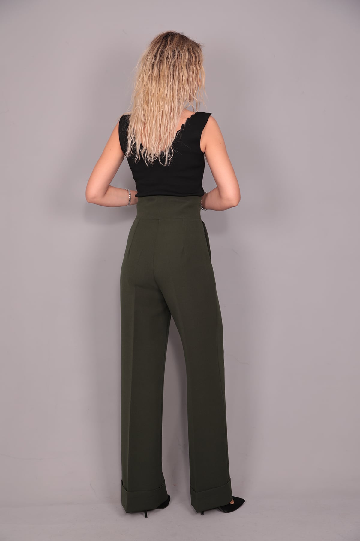 Duble Paça Yüksek Bel Pantolon-Haki - 5029100