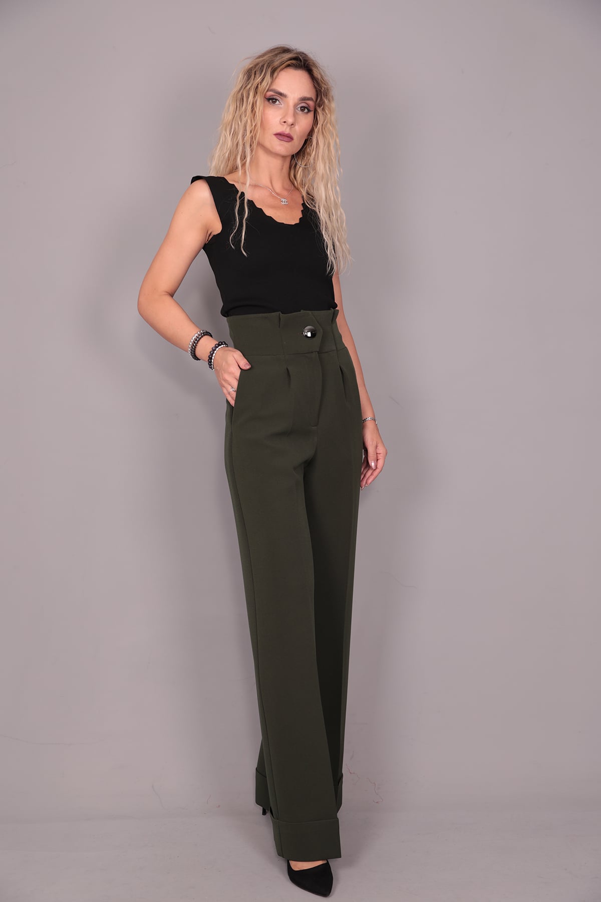 Duble Paça Yüksek Bel Pantolon-Haki - 5029100