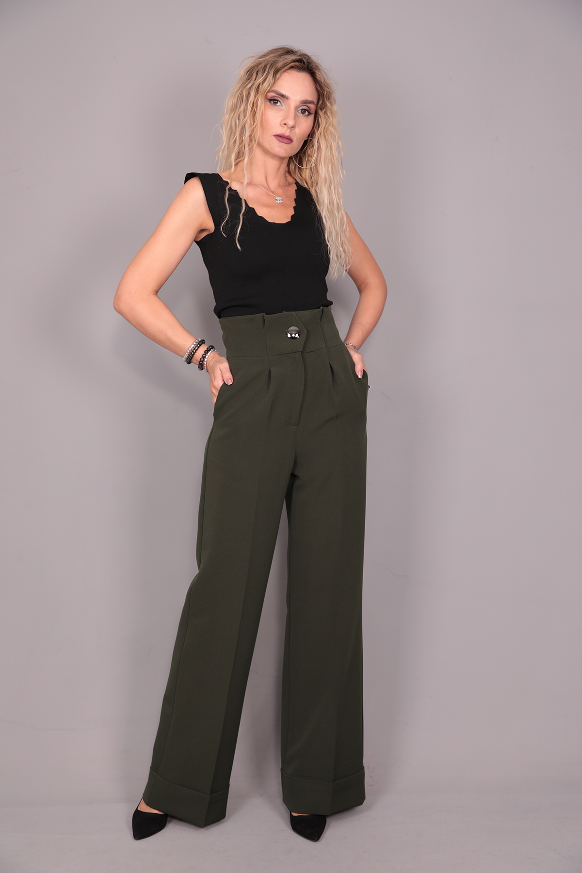 Duble Paça Yüksek Bel Pantolon-Haki - 5029100