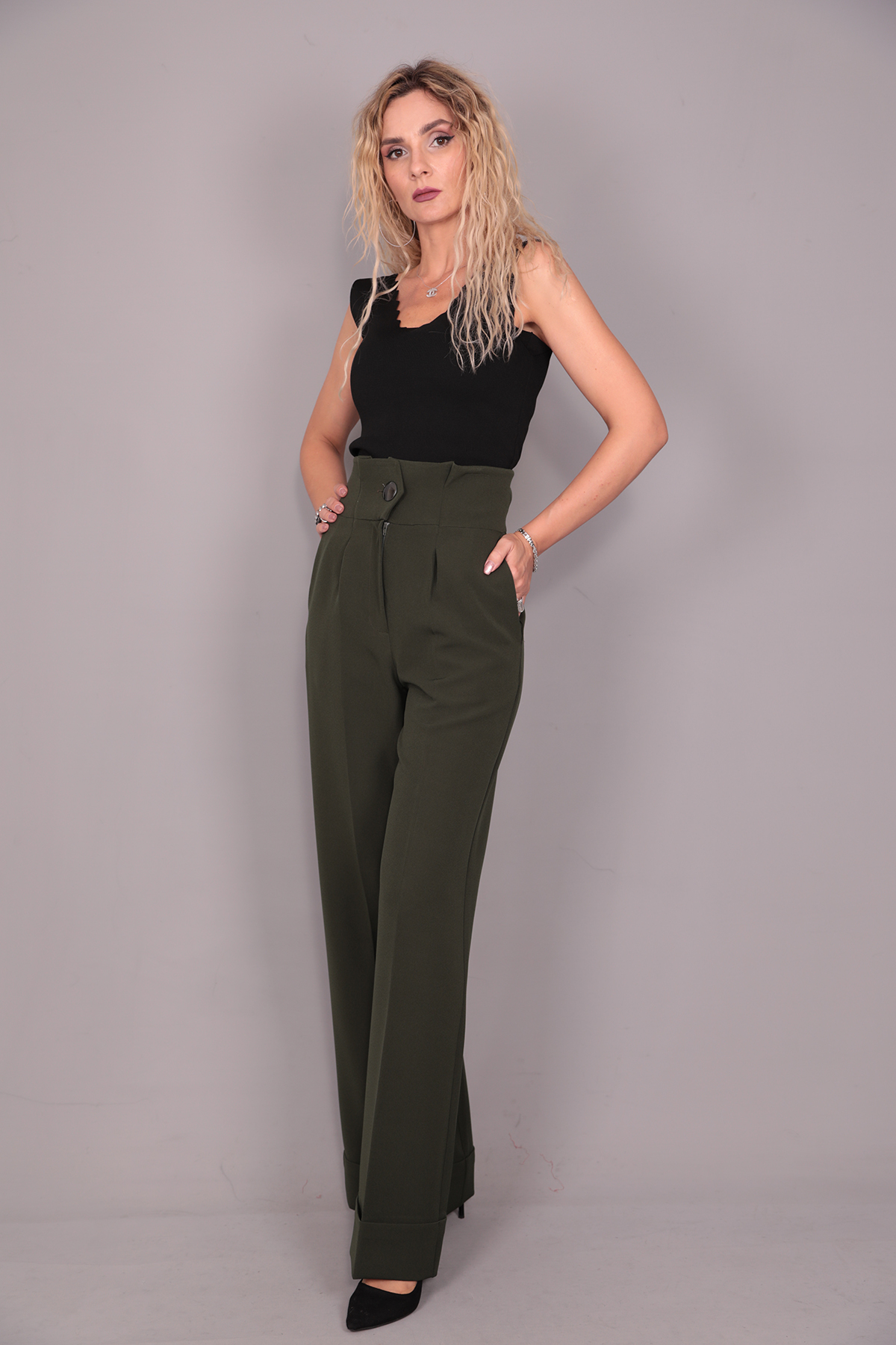 Duble Paça Yüksek Bel Pantolon-Haki - 5029100