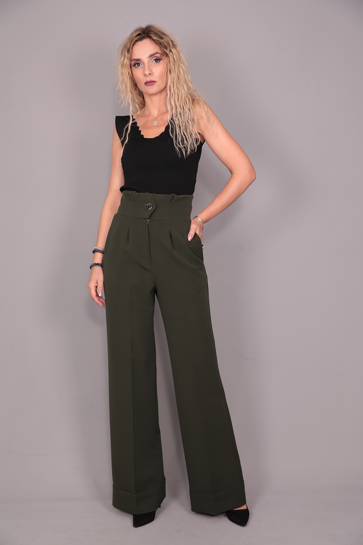 Duble Paça Yüksek Bel Pantolon-Haki - 5029100