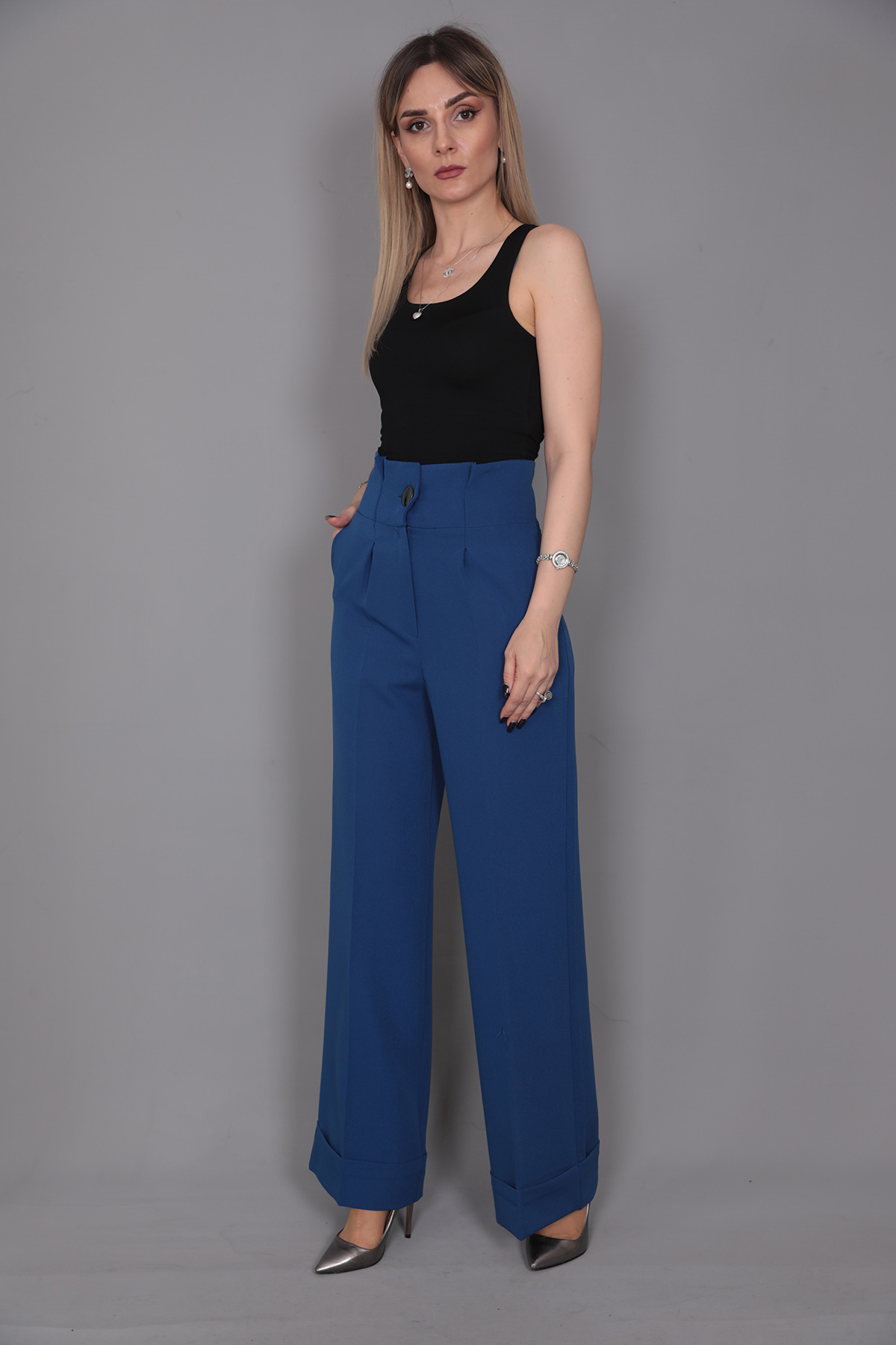 Duble Paça Yüksek Bel Pantolon-İndigo - 5029100