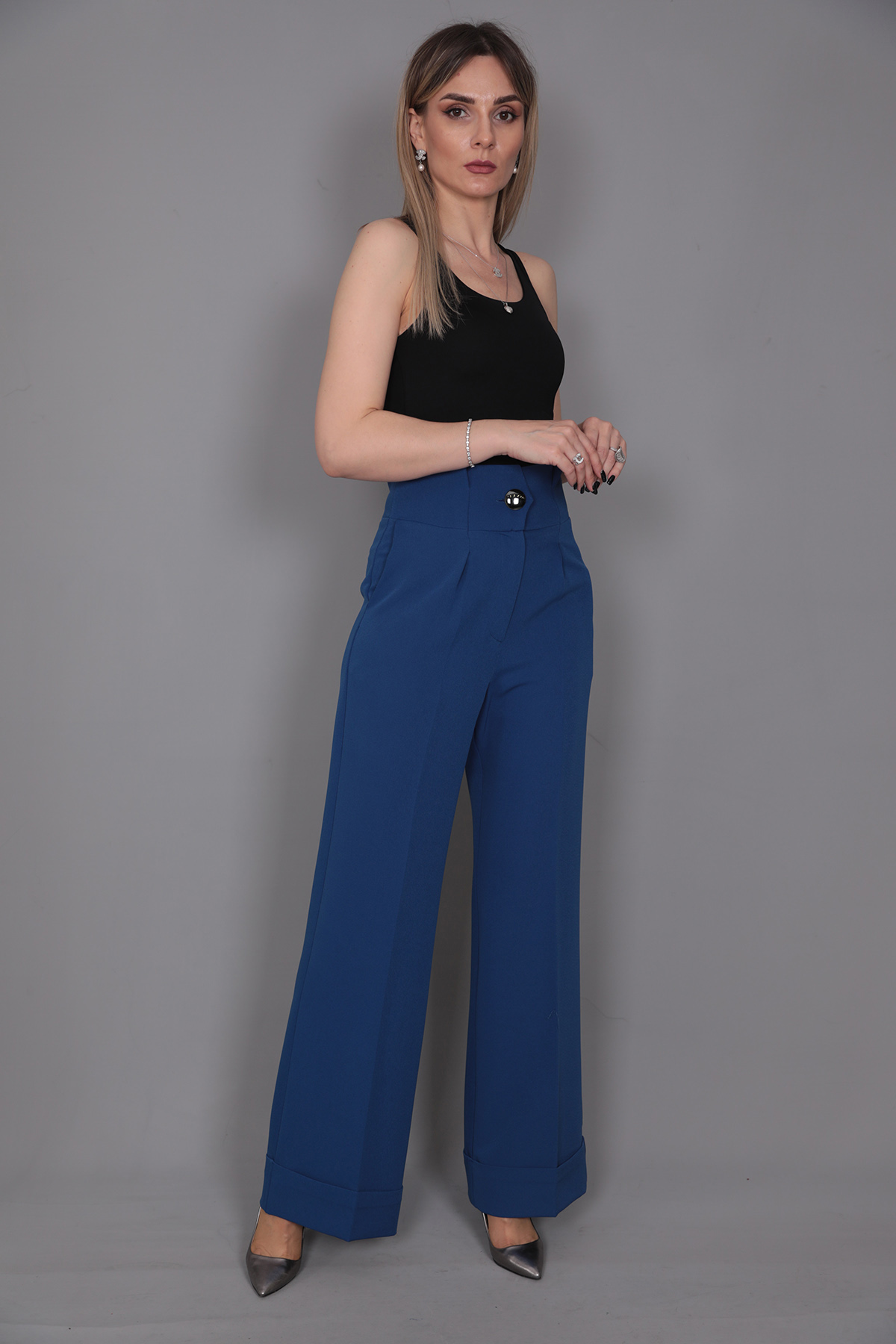 Duble Paça Yüksek Bel Pantolon-İndigo - 5029100