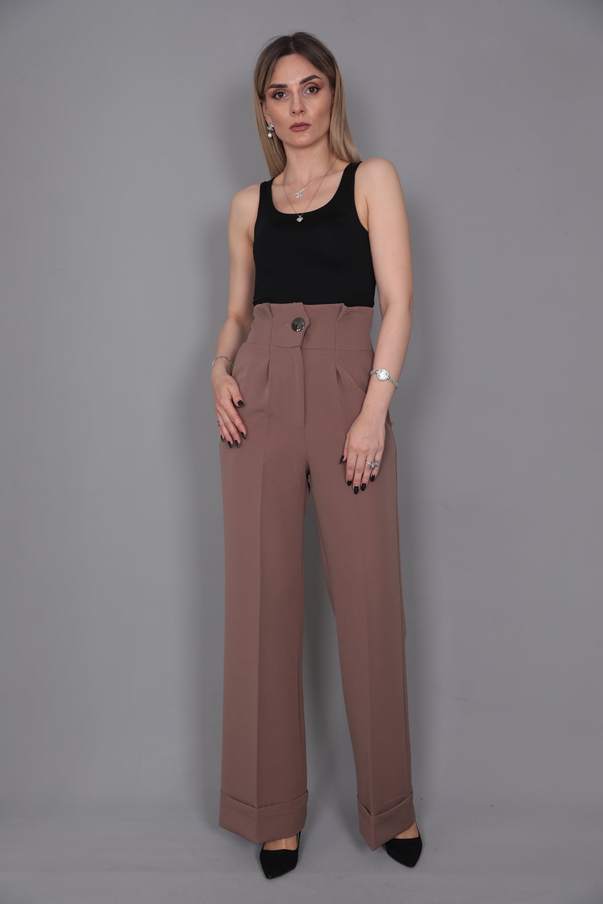 Duble Paça Yüksek Bel Pantolon-Kahve - 5029100