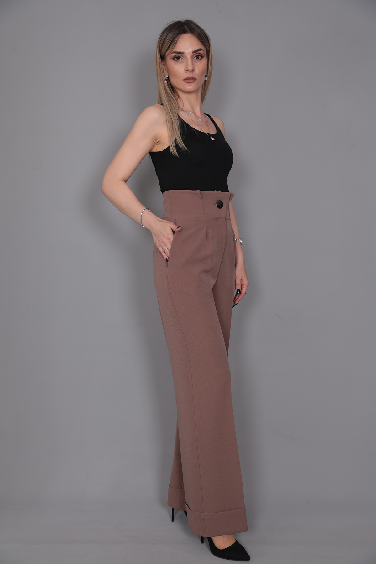Duble Paça Yüksek Bel Pantolon-Kahve - 5029100