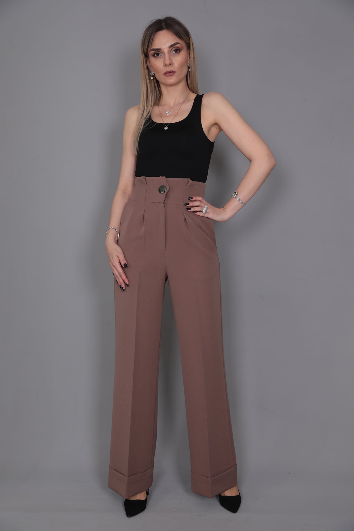 Duble Paça Yüksek Bel Pantolon-Kahve - 5029100