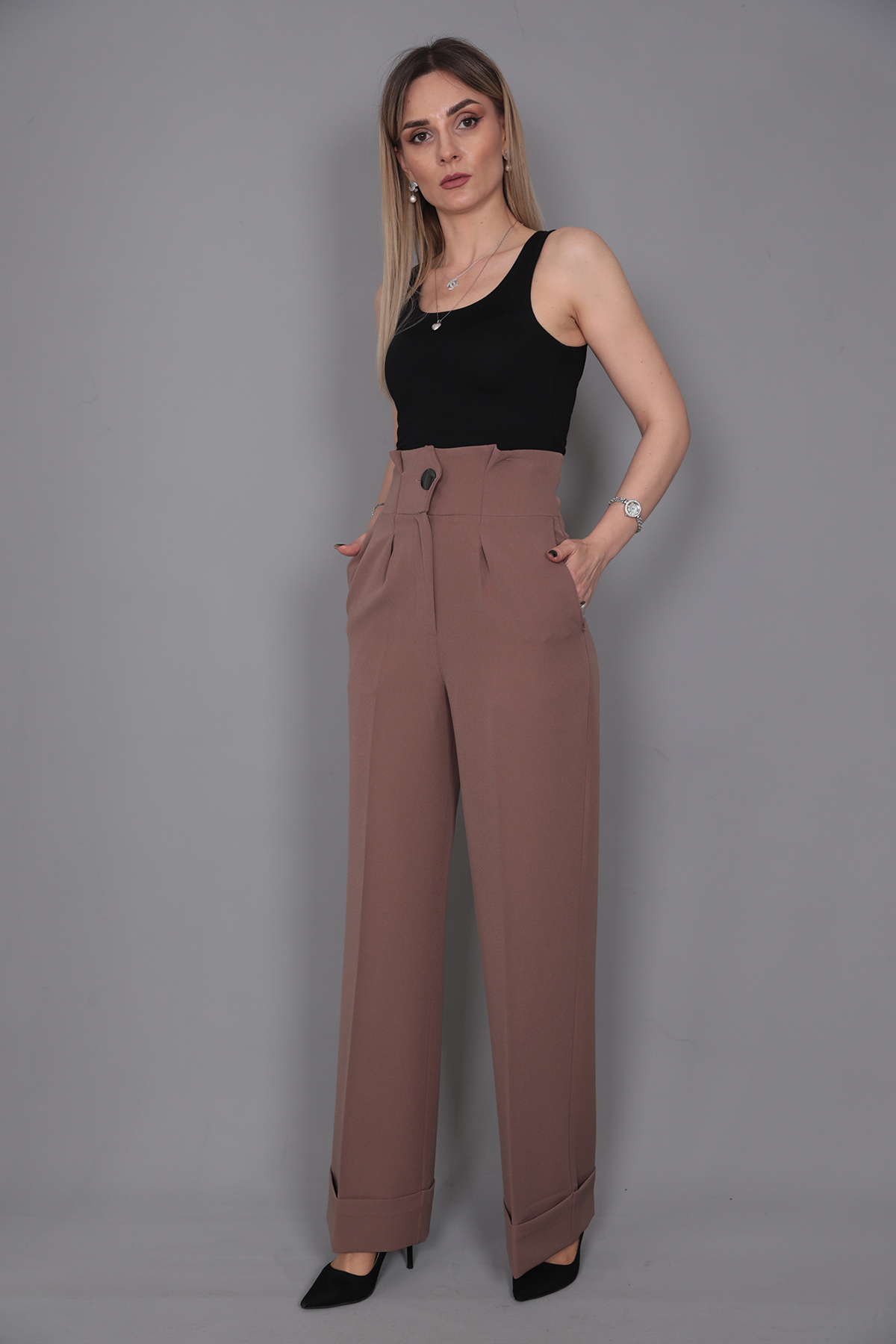 Duble Paça Yüksek Bel Pantolon-Kahve - 5029100
