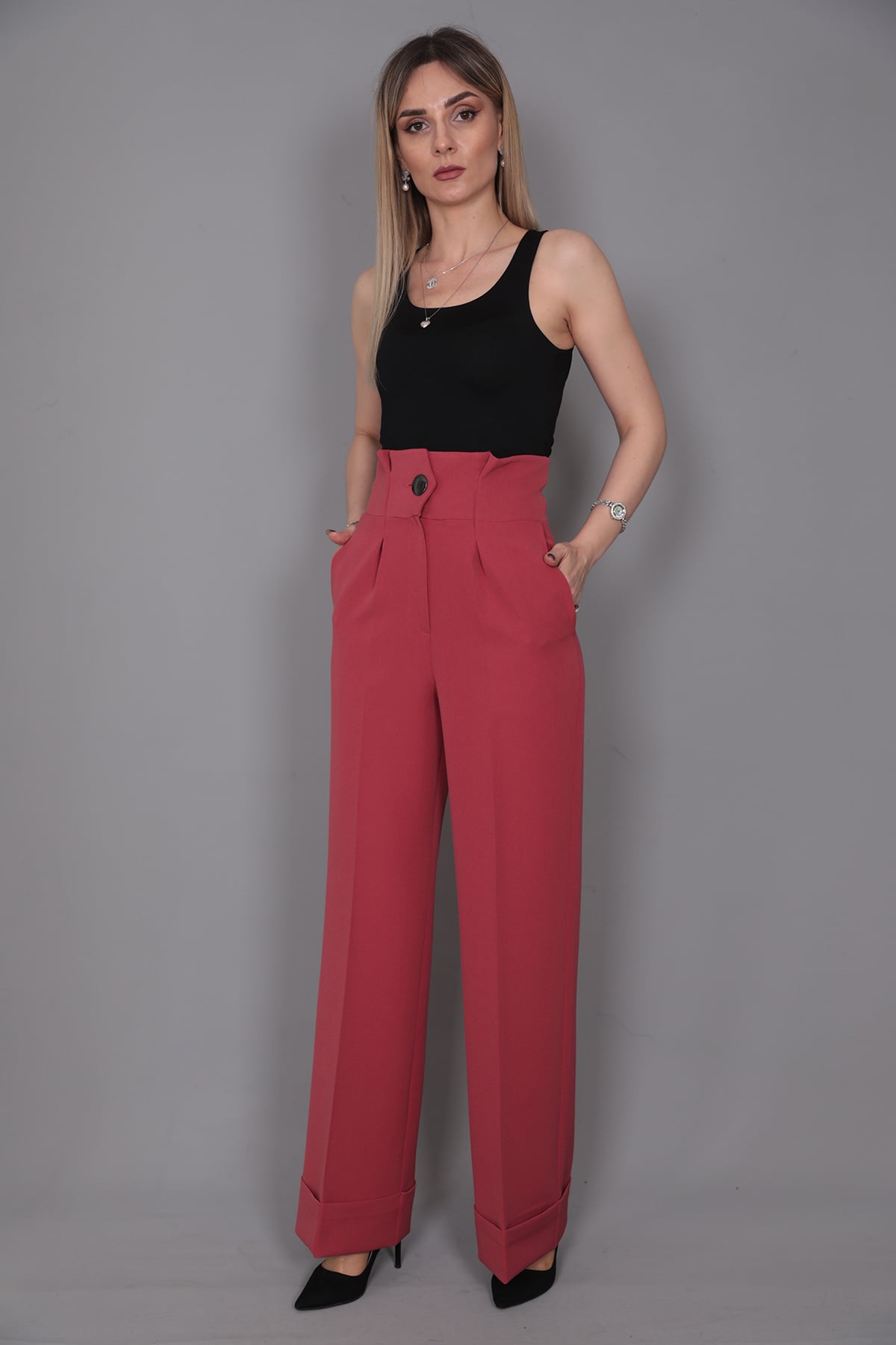 Duble Paça Yüksek Bel Pantolon-Kiremit - 5029100