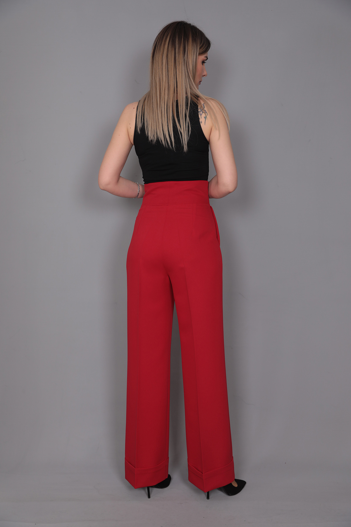 Duble Paça Yüksek Bel Pantolon-Kırmızı