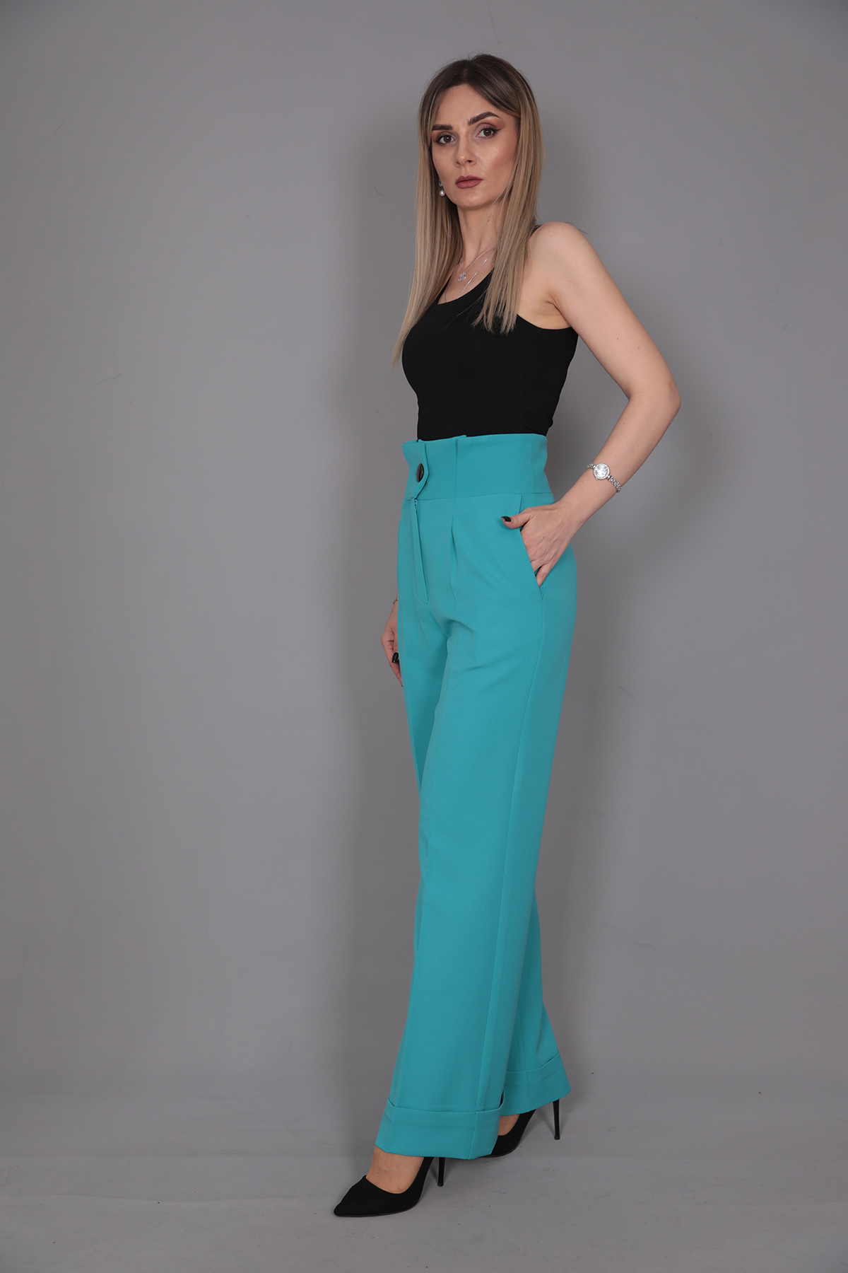 Duble Paça Yüksek Bel Pantolon-Turkuaz - 5029100
