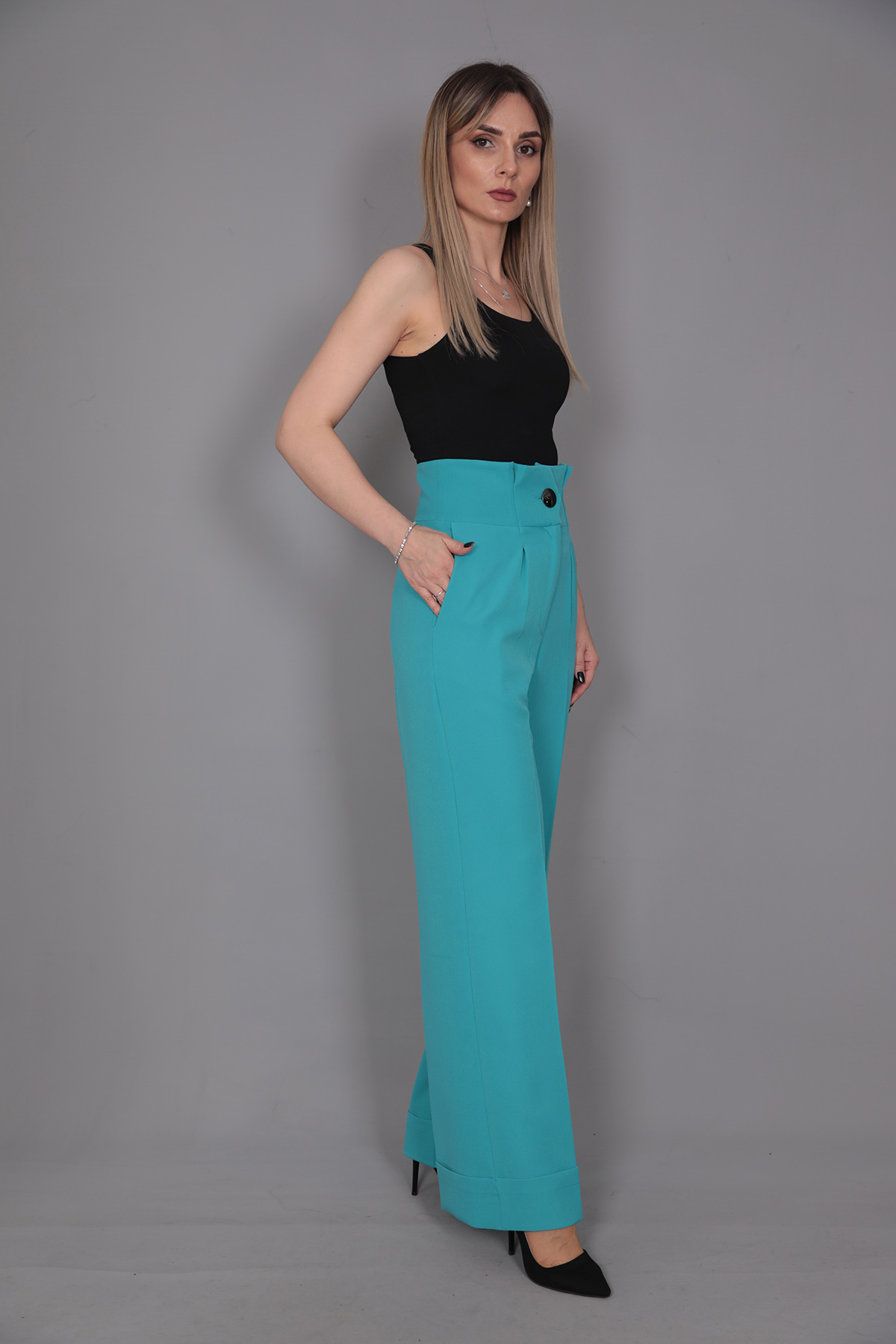 Duble Paça Yüksek Bel Pantolon-Turkuaz - 5029100