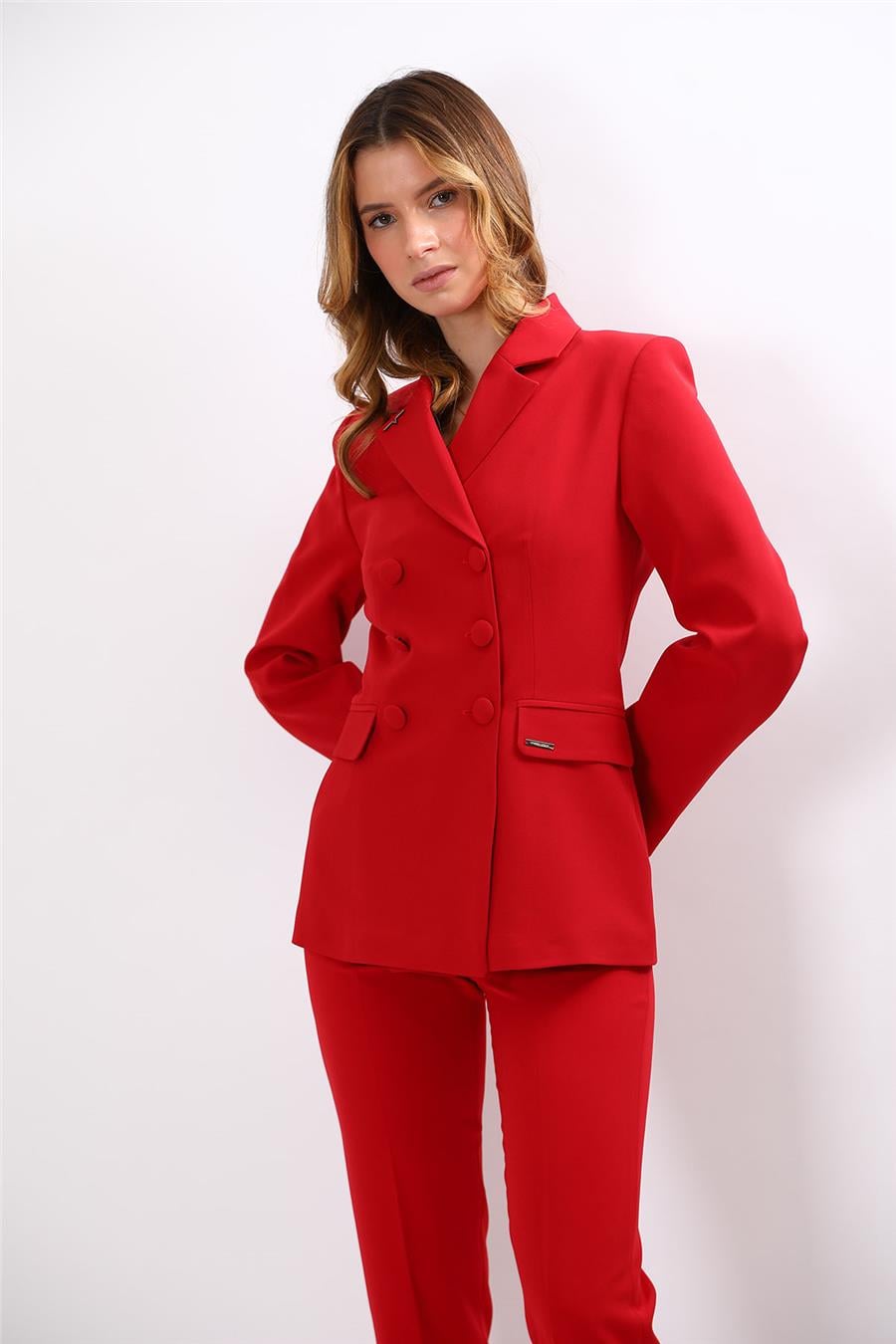 Düğmeli Klasik Blazer Bayan Ceket-Kırmızı - 1181100
