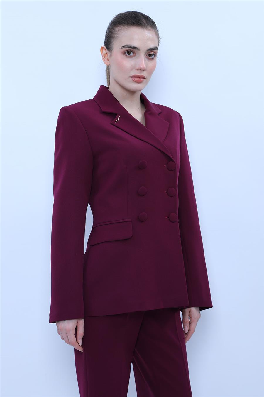 Düğmeli Klasik Blazer Bayan Ceket-Mürdüm