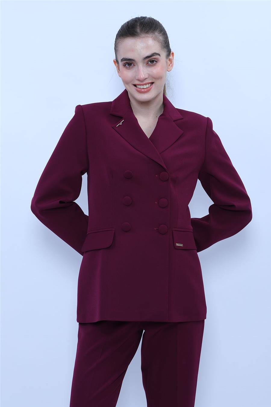 Düğmeli Klasik Blazer Bayan Ceket-Mürdüm