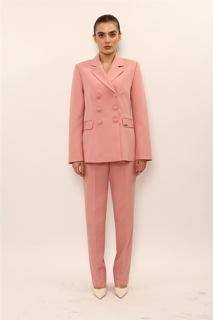 Düğmeli Klasik Blazer Ceket & Cepli Boru Paça Pantolon Kadın Takım Elbise-Pudra - 1181505