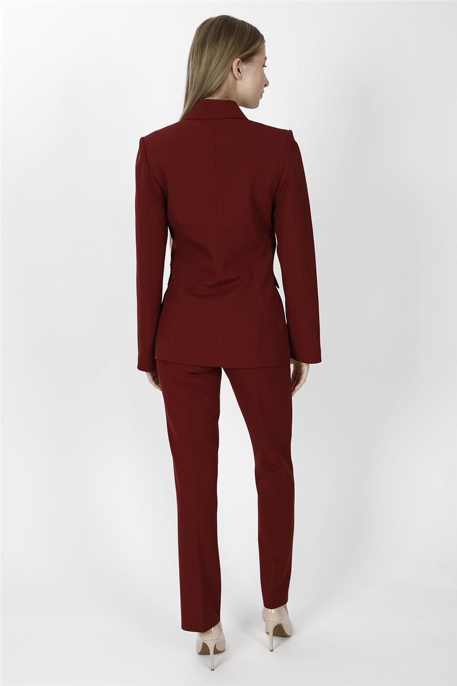 Düğmeli Klasik Blazer Ceket & Cepli Boru Paça Pantolon Kadın Takım Elbise-Bordo - 1181505