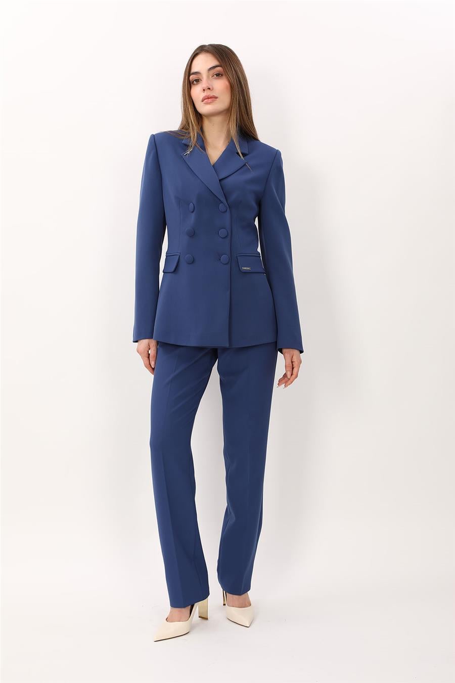 Düğmeli Klasik Blazer Ceket & Cepli Boru Paça Pantolon Kadın Takım Elbise-İndigo - 1181505