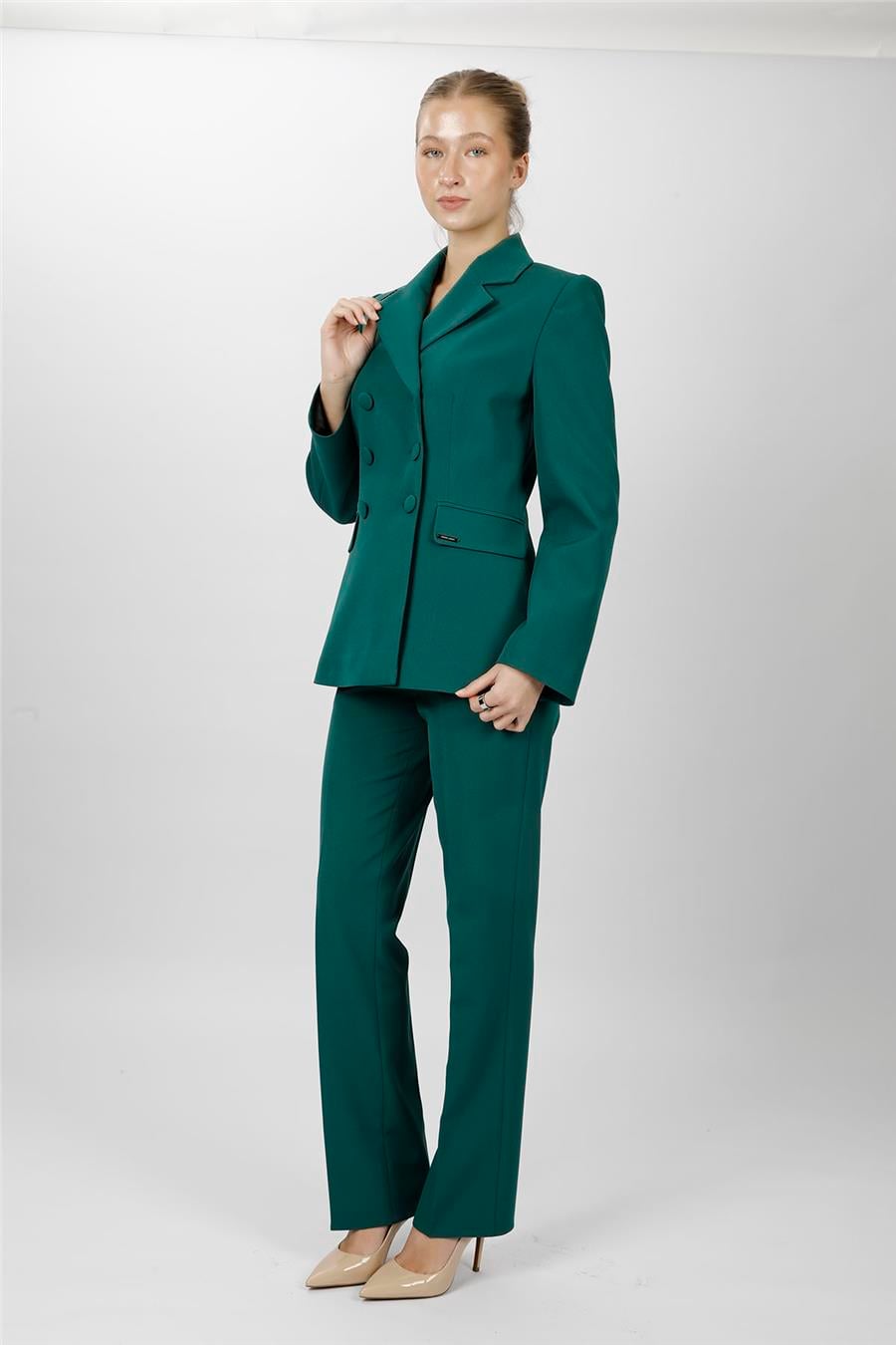 Düğmeli Klasik Blazer Ceket & Cepli Boru Paça Pantolon Kadın Takım Elbise-Zümrüt - 1181505