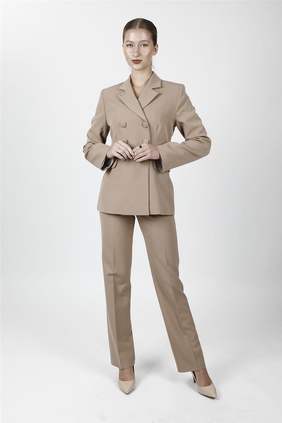 Düğmeli Klasik Blazer Ceket & Cepli Boru Paça Pantolon Kadın Takım Elbise-Taş - 1181505